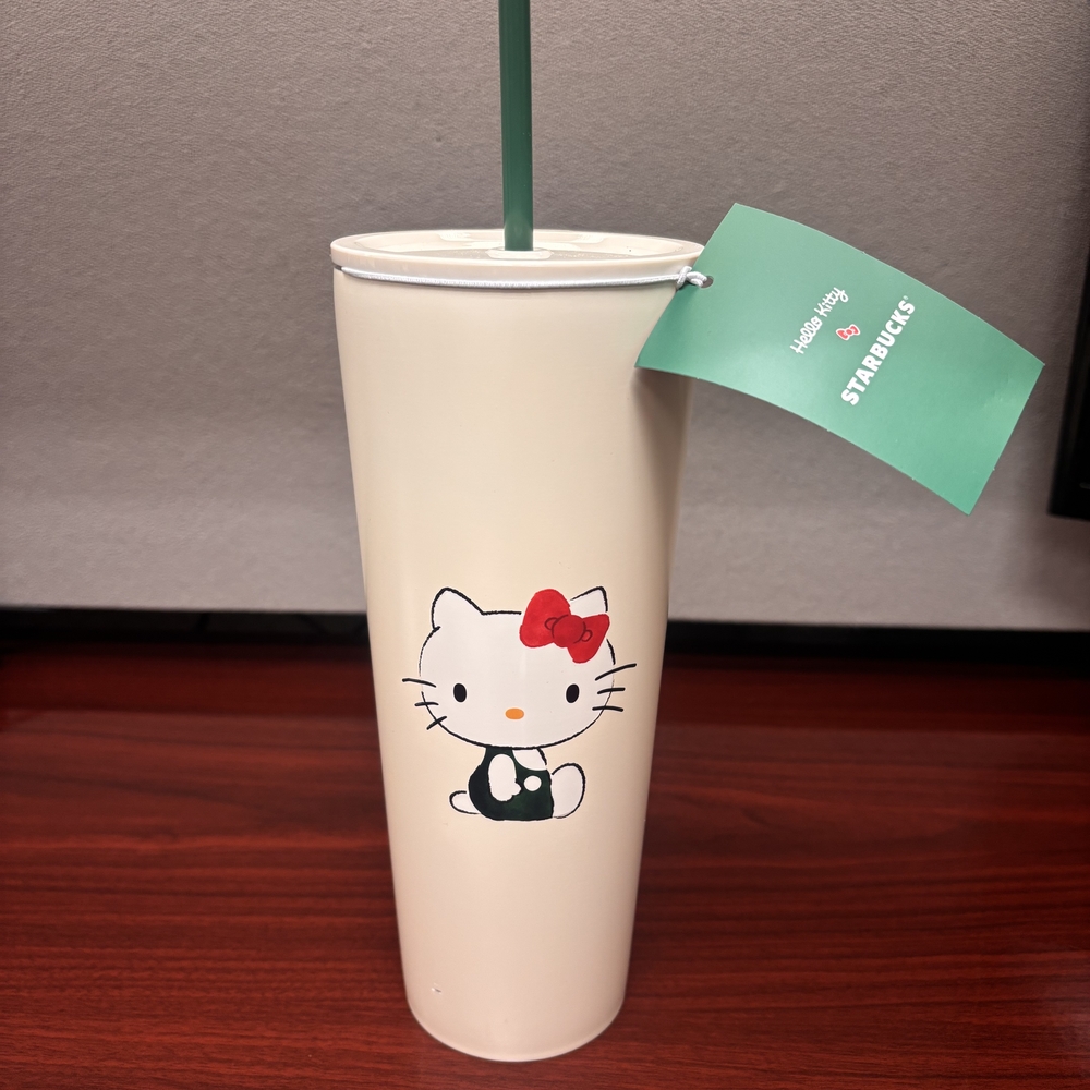 Starbucks Cream Tumbler with Hello Kitty and Green Straw